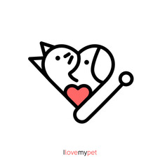 Minimalistic linear flat logo pet animal cat dog heart shop veterinary clinic store business company