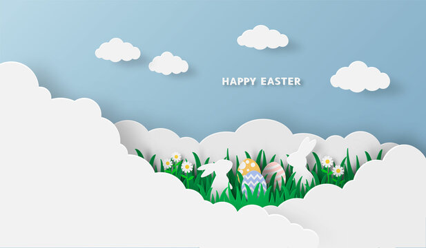 Happy Easter in paper cut style with rabbit and easter eggs in the grass. For Easter day, invitation, greeting card, posters and wallpaper. Vector illustration.