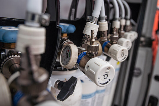 Medical oxygen cylinders. Close up shot of oxygen breathing cylinder.