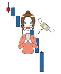 スマホを持った困った表情の女性と暴落するチャートと飛んでいくお金の損失の投資イメージのイラスト
