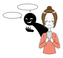 スマホを持った泣いている女性と黒い人影の誹謗中傷のイメージのイラスト