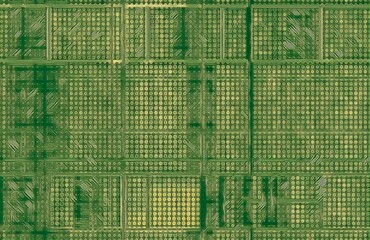 closeup of test PCB computer motherboard in shades of green in textured style