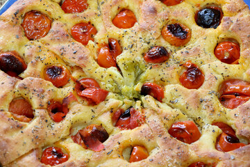 Bari-style focaccia bread. Apulian food. Bakery food