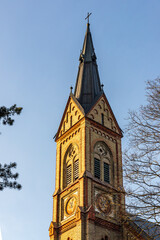 Fototapeta na wymiar Vertical view to yellow stone church tower with metal roof with green pine tree and leafless spring branches. Torņakalns Church steeple at Riga, Latvia. Neo-gothic tall spire at sunset.