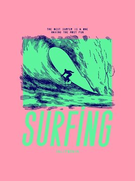 Surfing Wave. Little Figure Of Surfer Riding Giant Wave. Summer Beach Sports Vintage Typography T-shirt Print Vector Illustration.