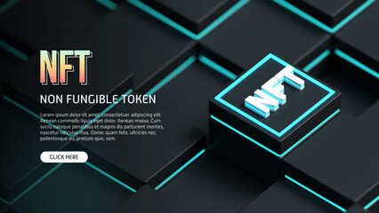 NFT isometric non fungible token, crypto art with blue neon light highlights - obrazy, fototapety, plakaty