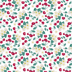 Cherry berry seamless pattern with leaves and flowers, print on white background. Vector flat illustration with different red and green elements for spring and summer