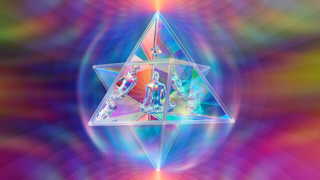 3d illustration of a meditative astral journey on an object from the sacred geometry "merkaba"