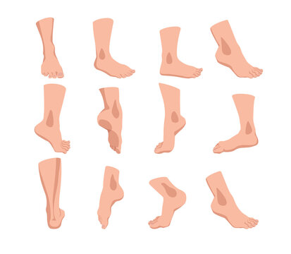 Set of feet in different angles in a cartoon style. Vector illustration of bare male and female legs on white background.