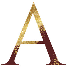 Dark red and Golden glitter capital letter A with dispersion effect, festive design element
