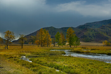 Naklejka premium Russia. South of Western Siberia, the Altai Mountains. The first snow storm in the valley of the Karakol River is coming for a warm autumn.