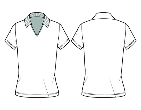 polo with v neck collar women t-shirt, ladies active wear polo with v-neck t-shirt t-shirt Front and Back View. Fashion Illustration, Vector, CAD, Technical Drawing, Flat Drawing.