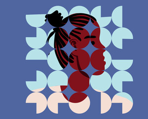 Portrait of African person, face of woman in style of cubism, flat vector stock illustration as decor