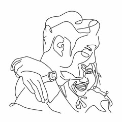 Vector illustration of male and female head lineart. romantic hugging couple. One line drawing style.