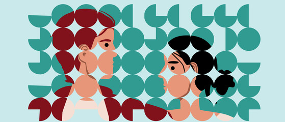 Surreal portrait of couple, cubist-style face, flat vector stock illustration with profile of man and woman