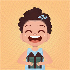 Little girl is holding a gift. A child with a festive box in his hands on a yellow background. Cartoon style.