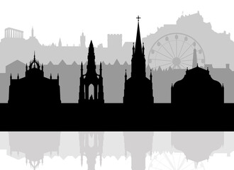 Naklejka premium Black and white silhouette of Edinburgh Skyline with landmarks. Isolated vector illustration of UK city architecture.