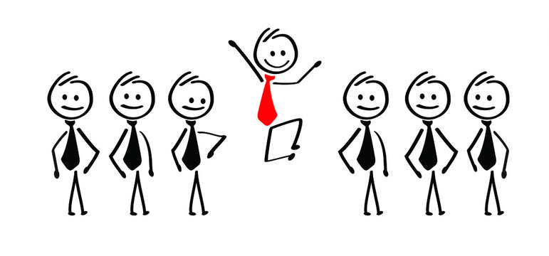 Unique person in the crowd. Domino effect. Business concept. Social networks. Cartoon vector stopping, falling people stickman. Standing stick figure, management, successful team leader or manager. 