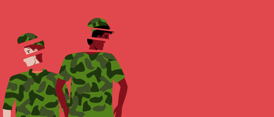 PTSD in multi-cult soldiers in military uniform, flat vector stock illustration with mental disorder or copy space pattern for design