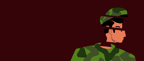 Shell-shock or stress disorder, flat vector stock illustration with PTSD in soldier, copy space template for design