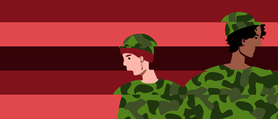 Fototapeta premium Shell-shock or stress disorder, flat vector stock illustration with PTSD in soldier, copy space template with people in military uniforms for design