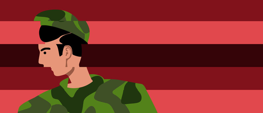 Shell-shock or stress disorder, flat vector stock illustration with PTSD in soldier, copy space template
