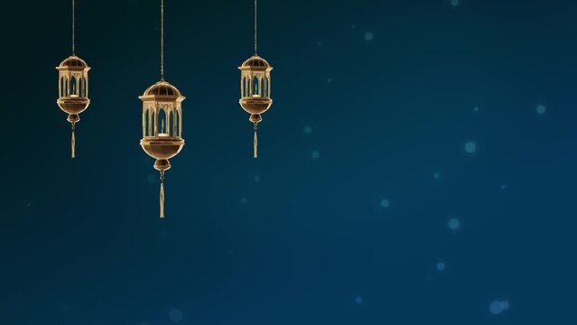 Loop background of Arabic lantern with candle at night for Islamic holiday. Muslim holy month Ramadan. End of Eid and Happy New Year. Copy space dark background eid mubarak for Ramadan Kareem moon.
