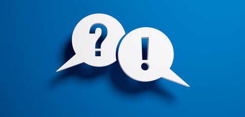 Question mark and exclamation mark speech bubbles in front of a blue colored wall - 3D illustration - 497732102