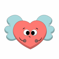 Cute cartoon Heart with Wing. Draw illustration in color