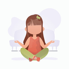 Little girl is meditating. Children's meditation. Cartoon style.