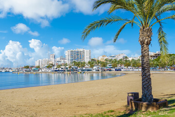 Landscape with Sant Antoni de Portmany beach, Ibiza islands, Spain