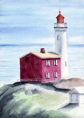 Watercolor illustration of a red house with a lighthouse and a white hedge on a green hill overlooking the blue sea