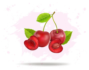 Fototapeta na wymiar Cherries fruit in the air with half piece of cherry vector illustration 