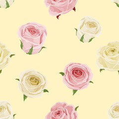 White and pink roses seamless pattern. Bright and clear roses buds on light yellow background. best for package, flyers, wedding invitations. Vector illustration.