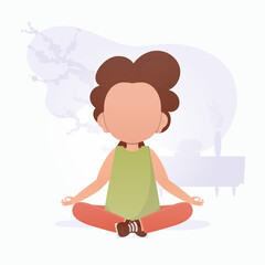 Little girl is doing yoga. Children's meditation. Cartoon style.