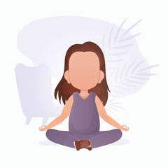 Little girl is doing yoga. Cute yoga, mindfulness and relaxation. Cartoon style.