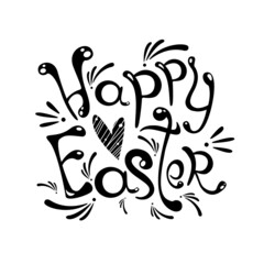 Happy Easter. Poster, print, tag or greeting card with hand drawn lettering and heart. Black and white. Vector illustration