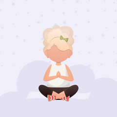 Little girl sits in the lotus position. Children's meditation. Cartoon style.