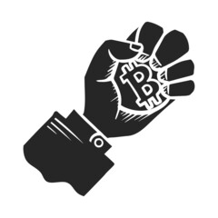 Hand drawn icon Hand holding bitcoin coin.