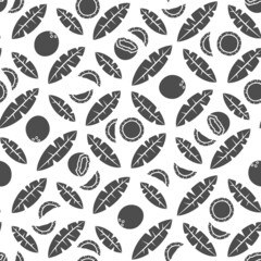 Seamless pattern with black and white palm leaves and coconuts. Tropical vector background with isolated objects on white background.