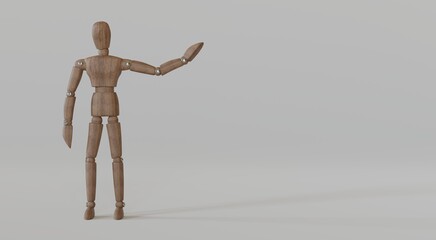 3D rendering. One wooden mannequin isolated on light background. Background design for banner, poster, flyer, website, brochure.
