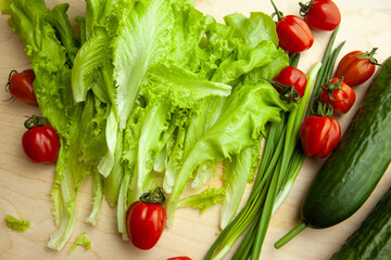 Top view salad leaves and tomatoes and green onion and cucumber. Background from fresh vegetable for salad. Raw green and red vegetables for poster, screensaver, wallpaper, postcard, cover, website
