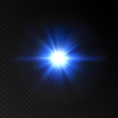 Vector illustration of light blue flash on transparent background. Explosion template. Realistic glowing burst star. Bright glare effect.