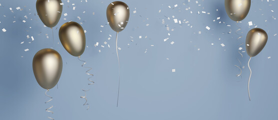 golden balloons with blue background, 3d rendering