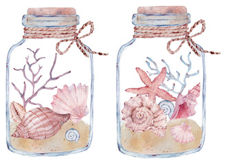 Watercolor illustration of glass bottles with seashells and seaweed lying on the beach coast. Marine composition. Hand-drawn nautical print.