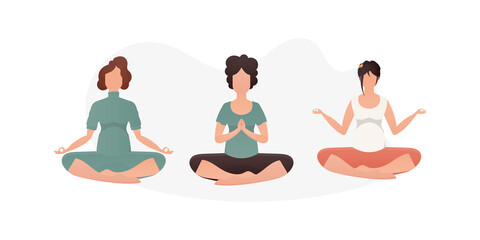 Set of Women Meditate. Isolated on white background. Vector.