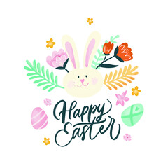 Happy Easter lettering with Easter bunny ears and egg.