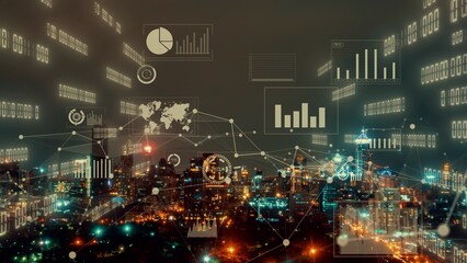 Business data analytic interface fly over smart city showing alteration future of business intelligence. Computer software and artificial intelligence are used to analyze big data for strategic plan .