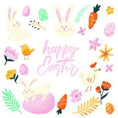 Happy Easter lettering with Easter bunny ears and egg.
