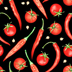 Seamless pattern of tomatoes and hot pepper. Watercolor illustration. Isolated on a black background